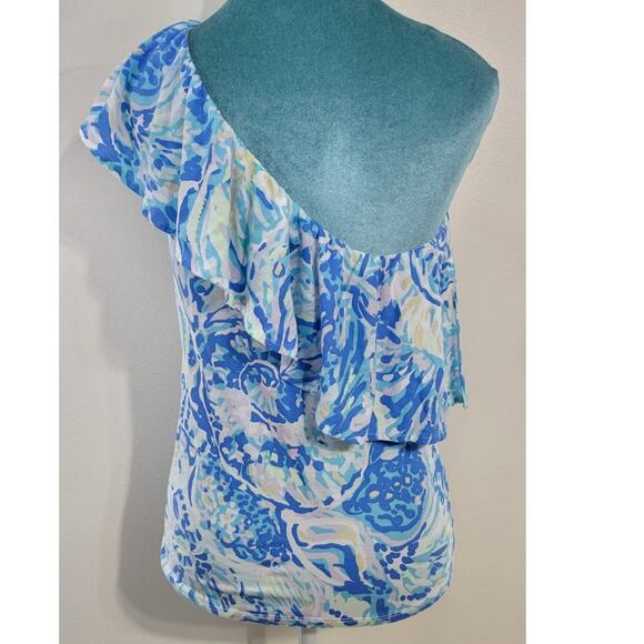 Lilly Pulitzer Shirt Womens X-Small One Shoulder Shirt Shades of Blue Beachy Fun - Picture 4 of 7